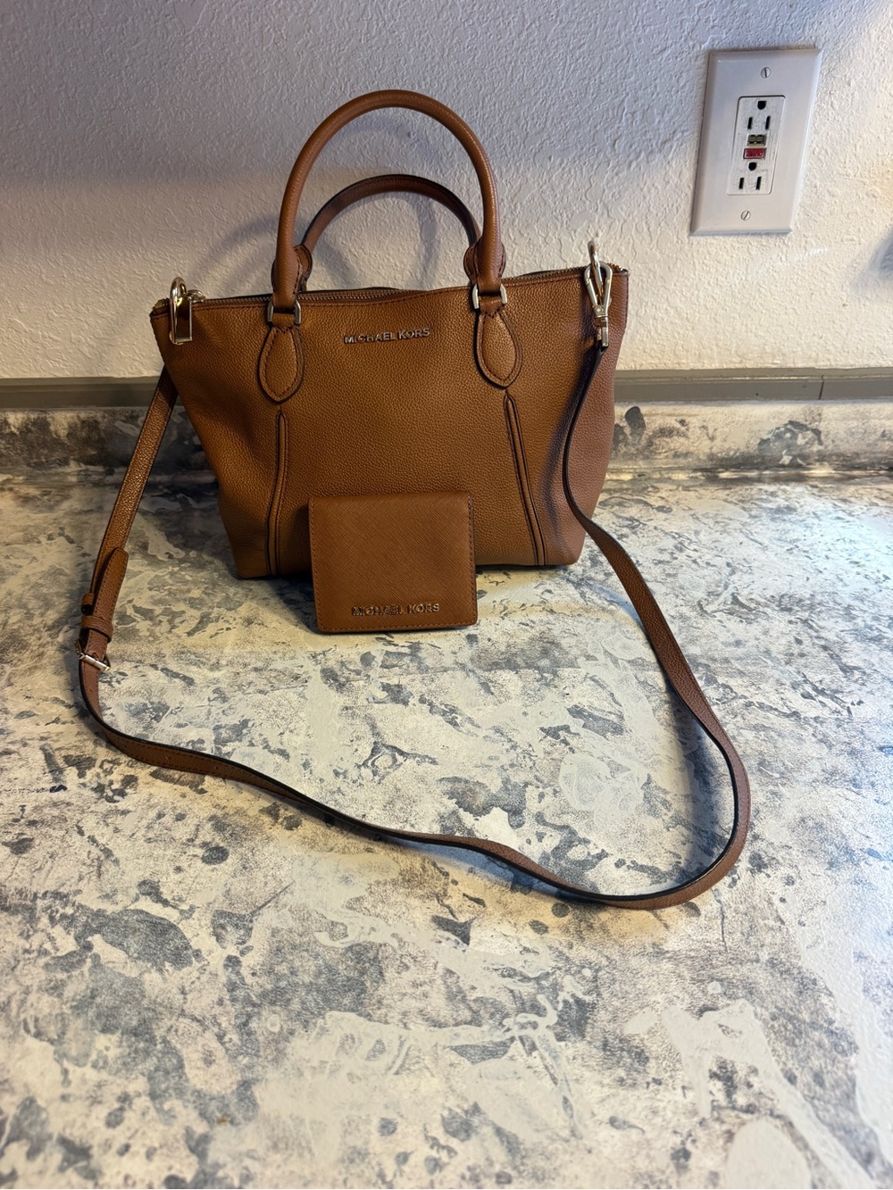 Michael Kors Tan Brown Pebbled Leather Satchel with Crossbody Strap